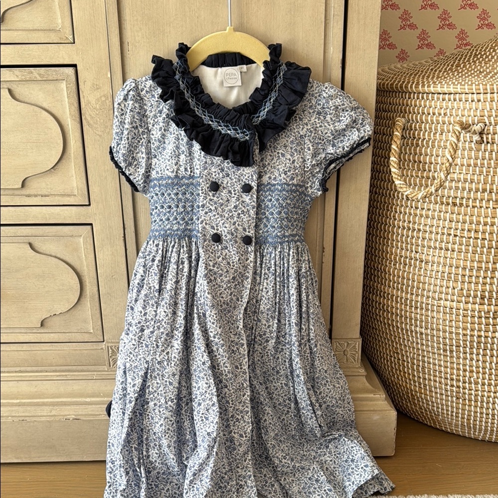 Blue and White Peplum Sundress with Puff Sleeves and Bib Collar